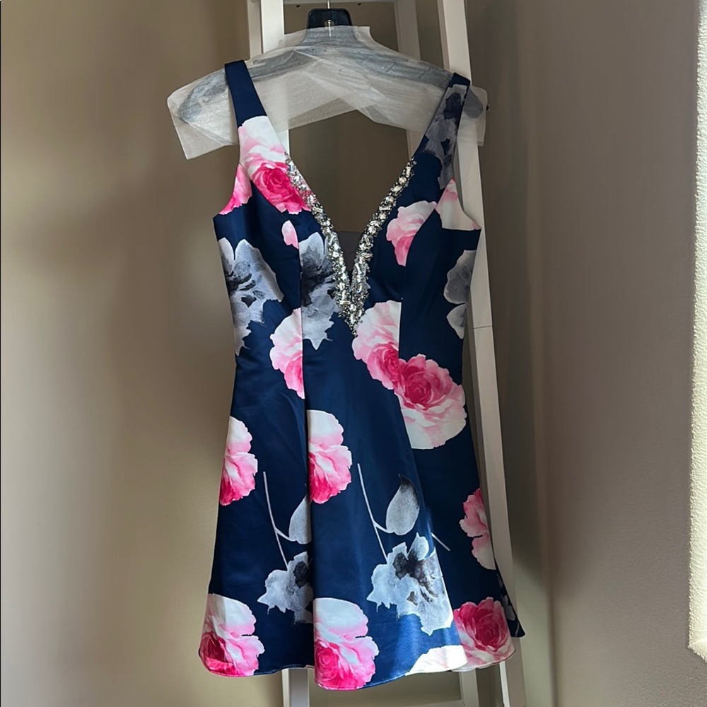 Floral V-Neck Dress with Pink and Blue
